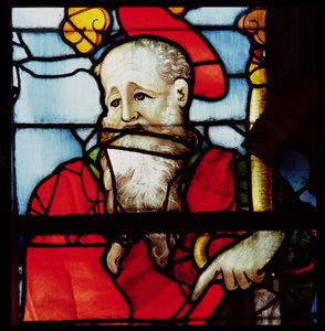 القديس بولس ، تفاصيل من النافذة تصور الإنجيليين الأربعة وأربعة أطباء الكنيسة ، الجناح الجنوبي ، 1551 (زجاج ملون) بواسطة نيكولاس لو برنس